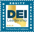 Logo graphic from the California State Bar that says "Diversity, Equity and Inclusion" on three sides of the border and "DEI Leadership Gold" against a golden silhouette of the State of California with a background.  It says, "The State Bar of California," on the bottom. This represents the Gold Seal for advancing Diversity, Equity and Inclusion in the legal profession.