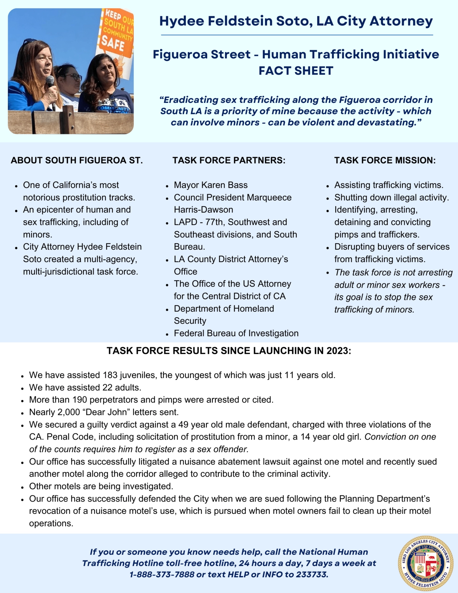 Graphic highlighting the efforts of LA City Attorney Hydee Feldstein Soto to combat human trafficking.