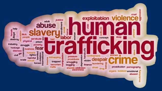 A "Human Trafficking" word cloud which includes the words "abuse, slavery, crime, exploitation, labor, violence," among others against a dark blue background.